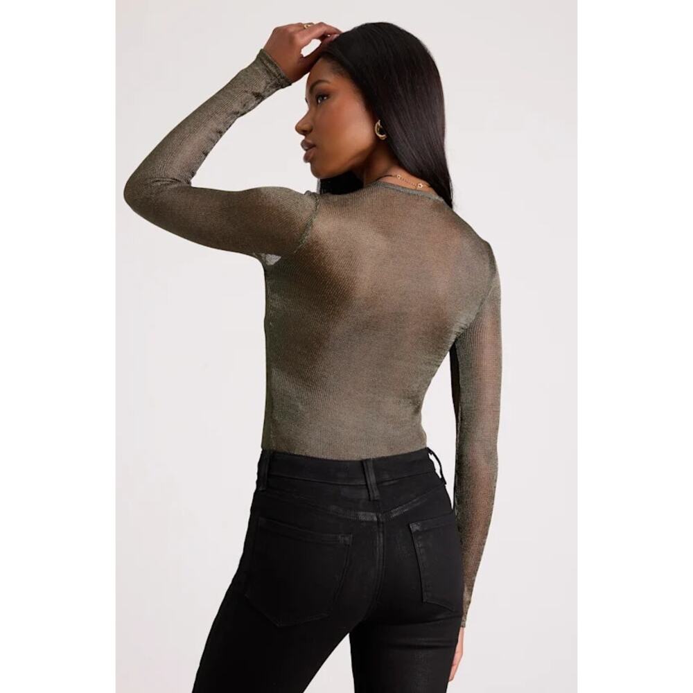 NWT Lulus Kenni Dark Bronze Lurex Sheer Surplice Bodysuit L - Picture 2 of 4